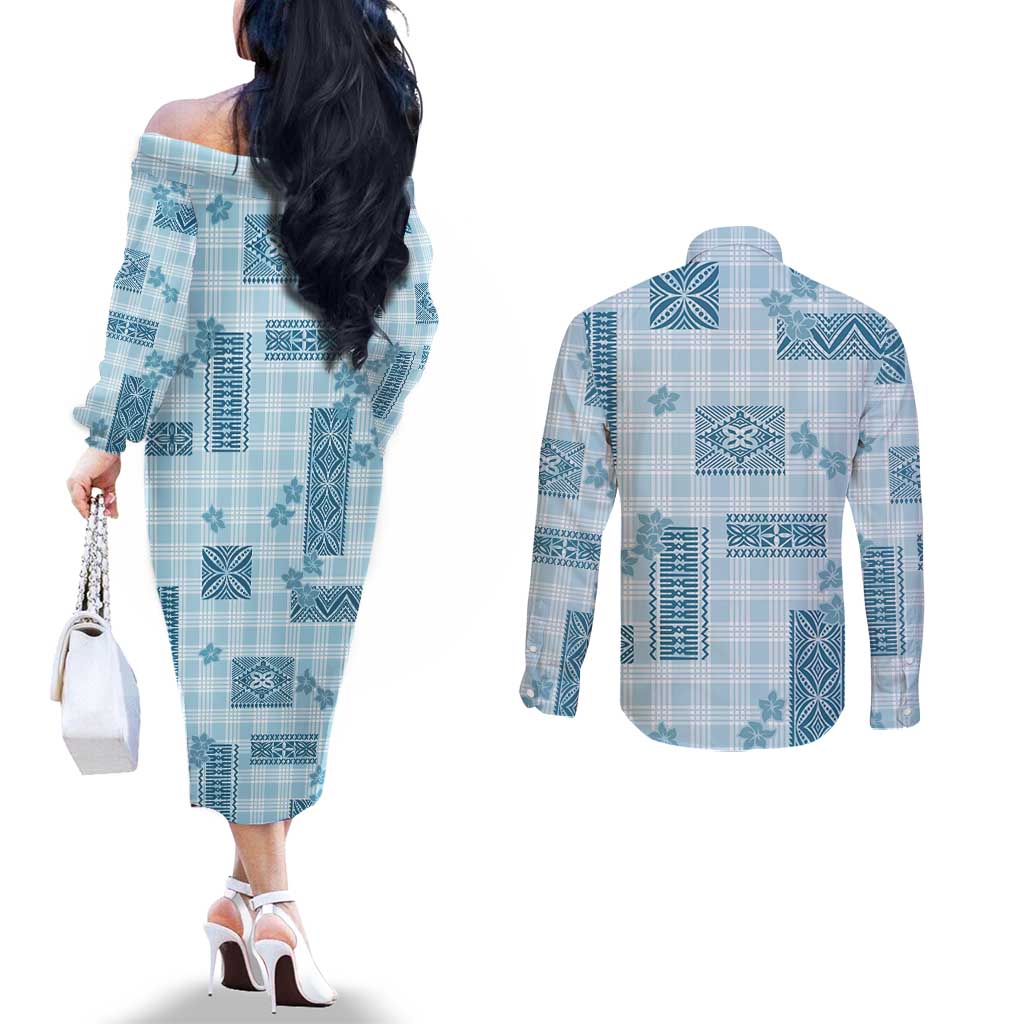 Hawaiian Quilt Tapa On Cold Blue Palaka Motifs Couples Matching Off The Shoulder Long Sleeve Dress and Long Sleeve Button Shirt