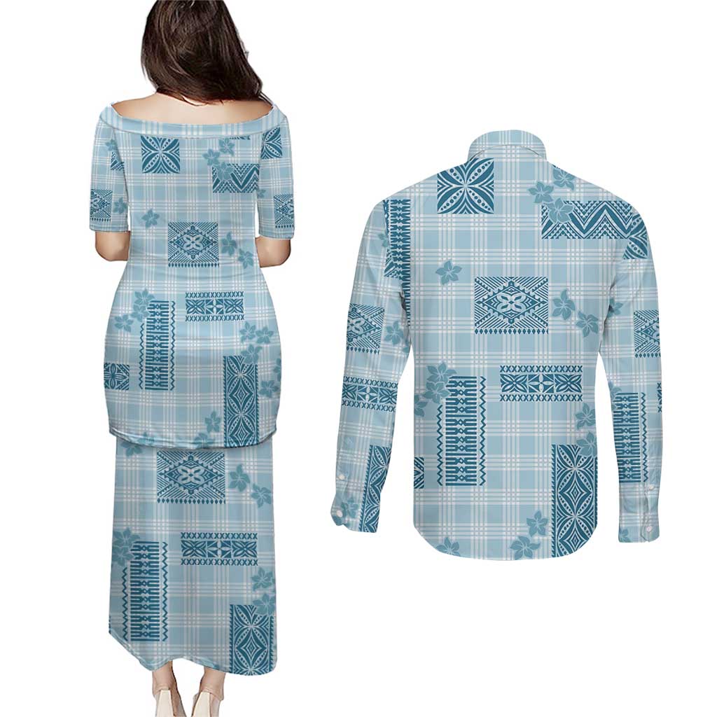 Hawaiian Quilt Tapa On Cold Blue Palaka Motifs Couples Matching Puletasi and Long Sleeve Button Shirt
