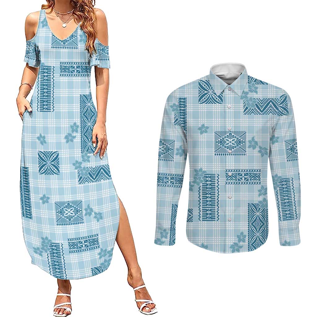 Hawaiian Quilt Tapa On Cold Blue Palaka Motifs Couples Matching Summer Maxi Dress and Long Sleeve Button Shirt LT7 Azure - Polynesian Pride