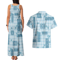 Hawaiian Quilt Tapa On Cold Blue Palaka Motifs Couples Matching Tank Maxi Dress and Hawaiian Shirt