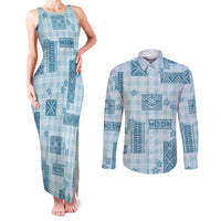 Hawaiian Quilt Tapa On Cold Blue Palaka Motifs Couples Matching Tank Maxi Dress and Long Sleeve Button Shirt