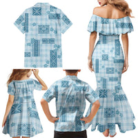 Hawaiian Quilt Tapa On Cold Blue Palaka Motifs Family Matching Mermaid Dress and Hawaiian Shirt