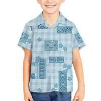 Hawaiian Quilt Tapa On Cold Blue Palaka Motifs Family Matching Off The Shoulder Long Sleeve Dress and Hawaiian Shirt