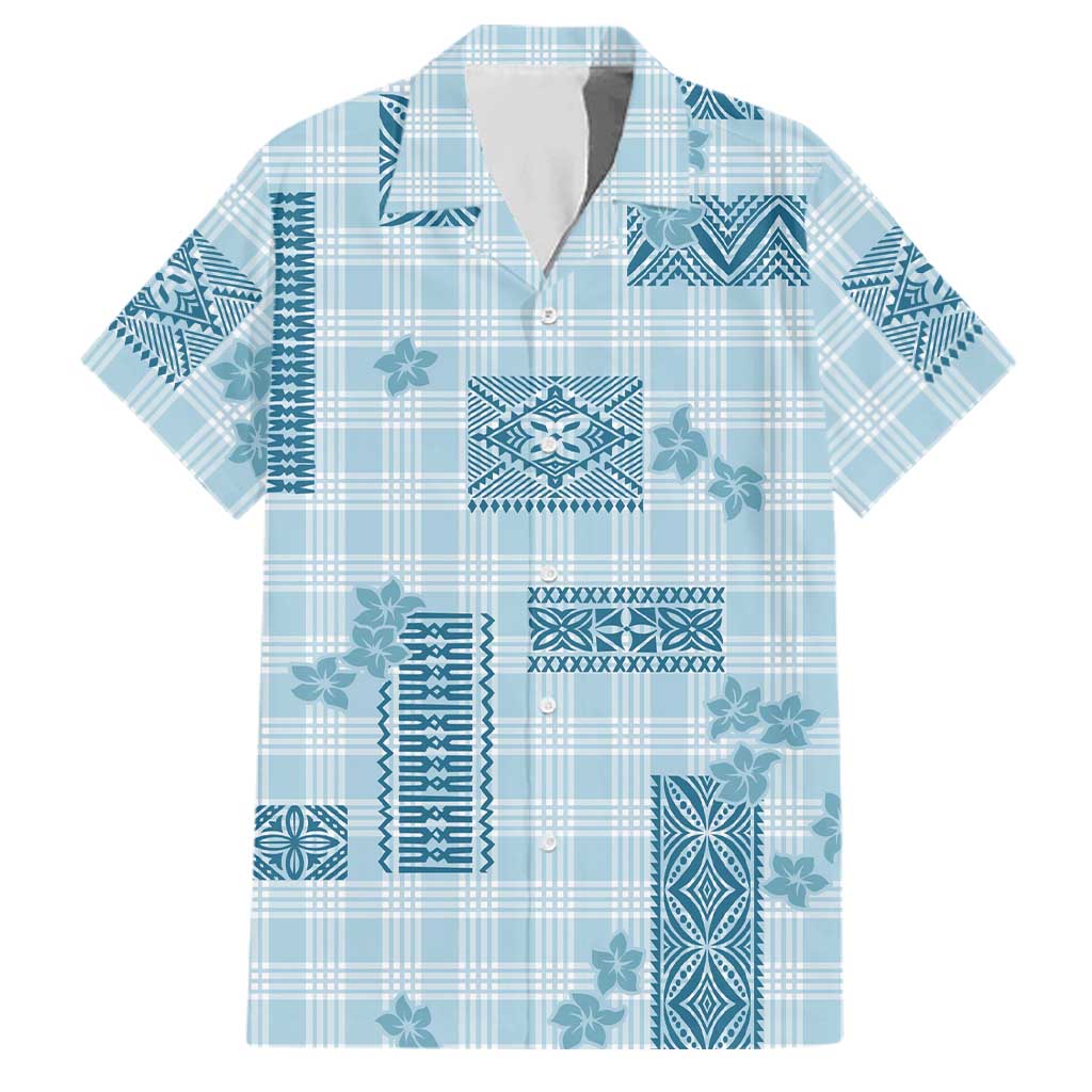 Hawaiian Quilt Tapa On Cold Blue Palaka Motifs Family Matching Off Shoulder Short Dress and Hawaiian Shirt