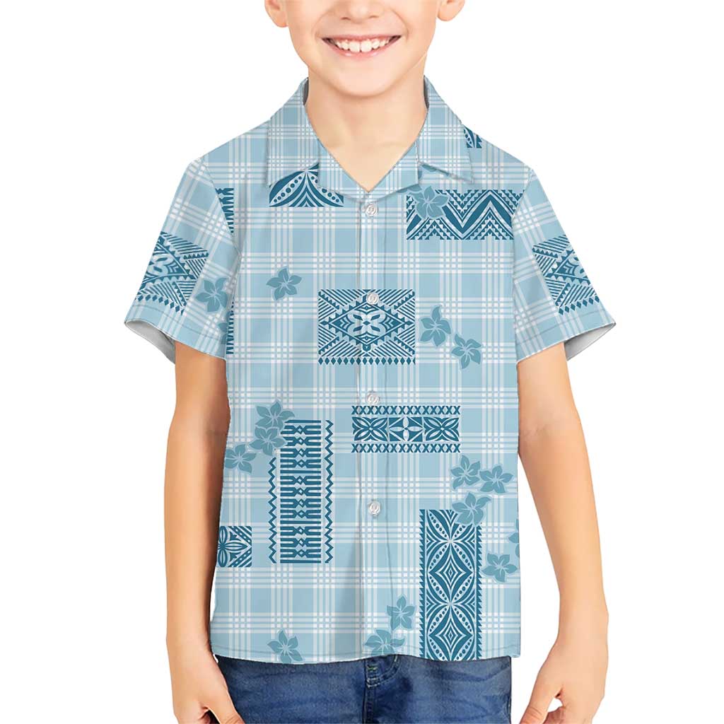 Hawaiian Quilt Tapa On Cold Blue Palaka Motifs Family Matching Off Shoulder Short Dress and Hawaiian Shirt
