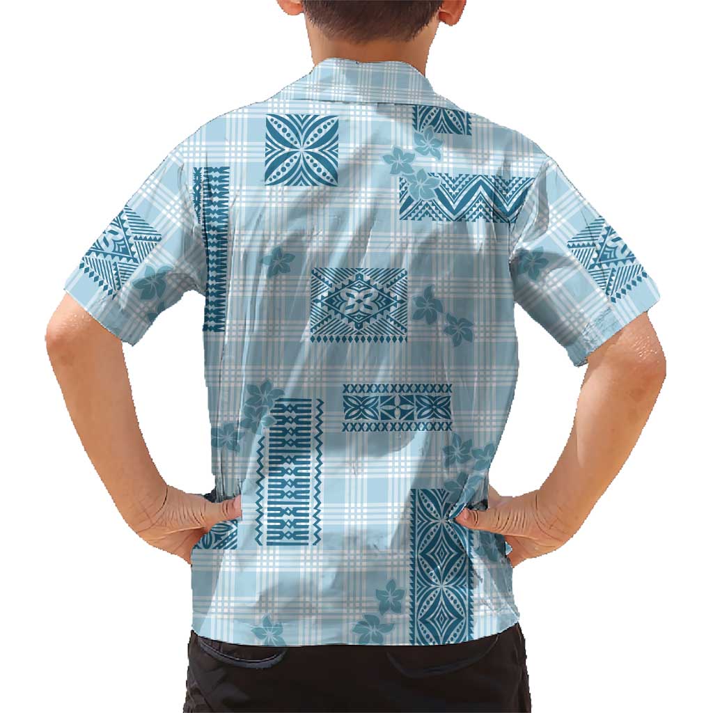Hawaiian Quilt Tapa On Cold Blue Palaka Motifs Family Matching Puletasi and Hawaiian Shirt