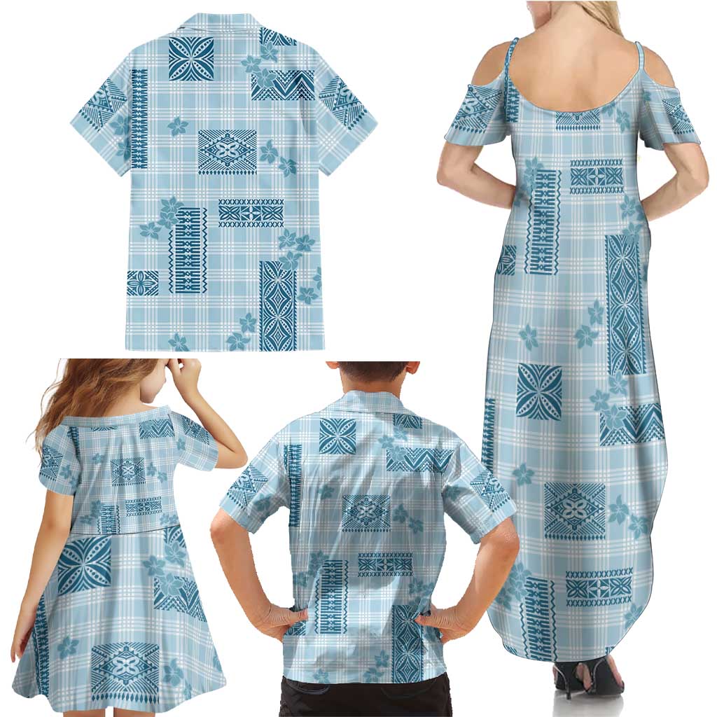 Hawaiian Quilt Tapa On Cold Blue Palaka Motifs Family Matching Summer Maxi Dress and Hawaiian Shirt