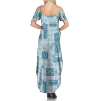 Hawaiian Quilt Tapa On Cold Blue Palaka Motifs Family Matching Summer Maxi Dress and Hawaiian Shirt