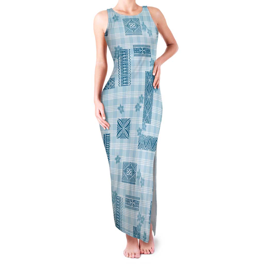 Hawaiian Quilt Tapa On Cold Blue Palaka Motifs Family Matching Tank Maxi Dress and Hawaiian Shirt