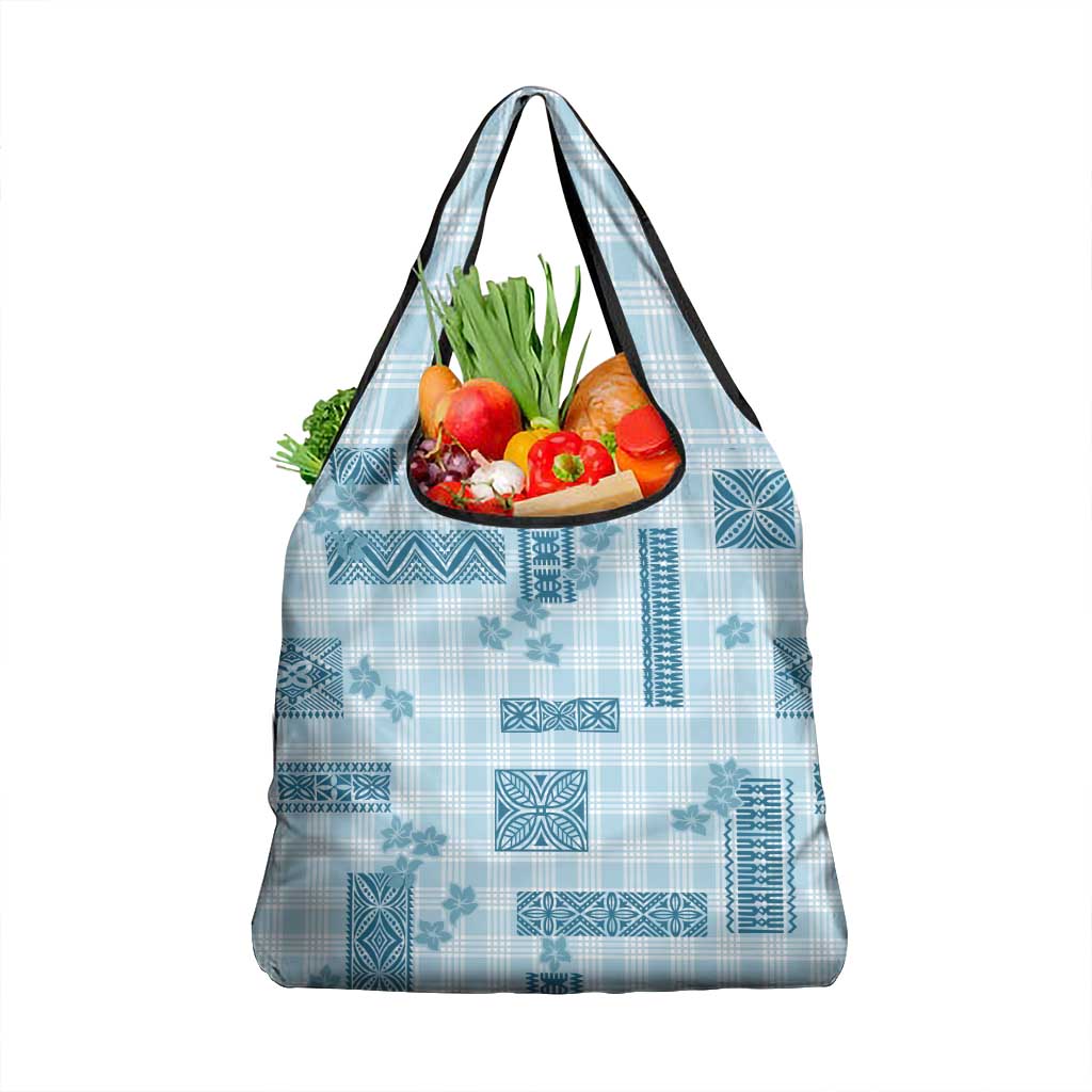 Hawaiian Quilt Tapa On Cold Blue Palaka Motifs Grocery Bag LT7 1-pack One Size Azure - Polynesian Pride