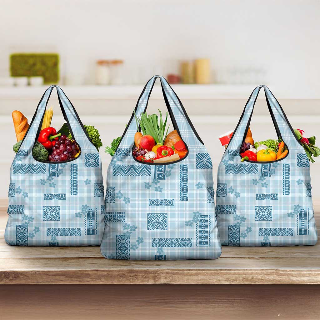 Hawaiian Quilt Tapa On Cold Blue Palaka Motifs Grocery Bag LT7 3-pack One Size Azure - Polynesian Pride