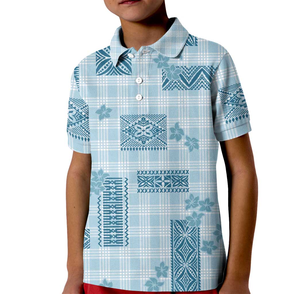 Hawaiian Quilt Tapa On Cold Blue Palaka Motifs Kid Polo Shirt LT7 Kid Azure - Polynesian Pride