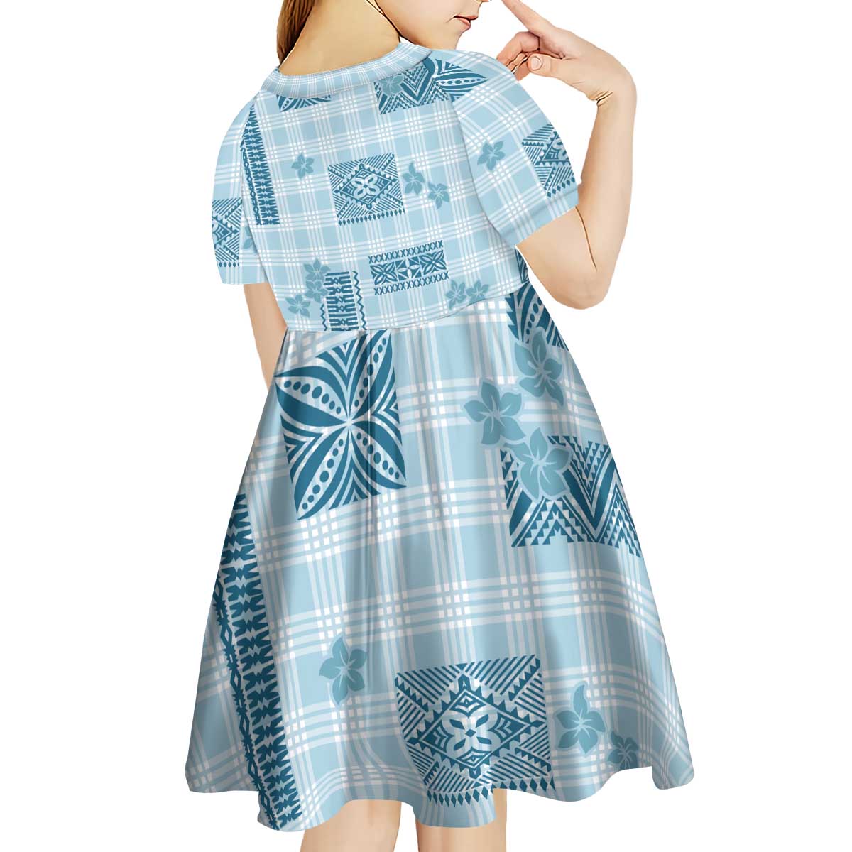 Hawaiian Quilt Tapa On Cold Blue Palaka Motifs Kid Short Sleeve Dress LT7 - Polynesian Pride