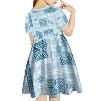 Hawaiian Quilt Tapa On Cold Blue Palaka Motifs Kid Short Sleeve Dress LT7 - Polynesian Pride