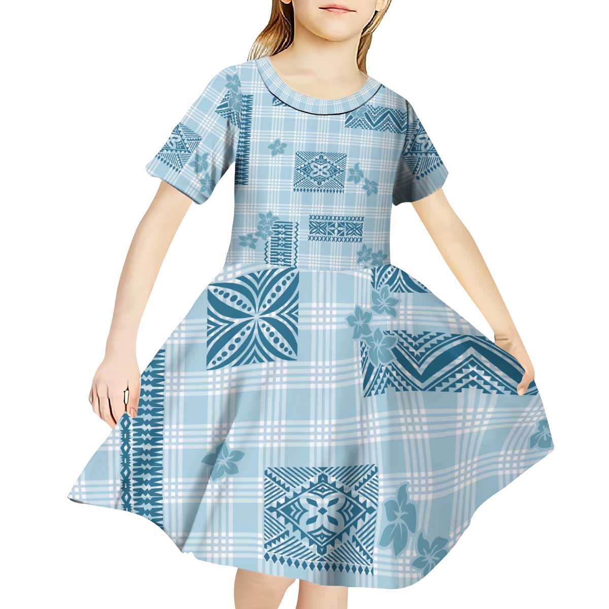 Hawaiian Quilt Tapa On Cold Blue Palaka Motifs Kid Short Sleeve Dress LT7 - Polynesian Pride
