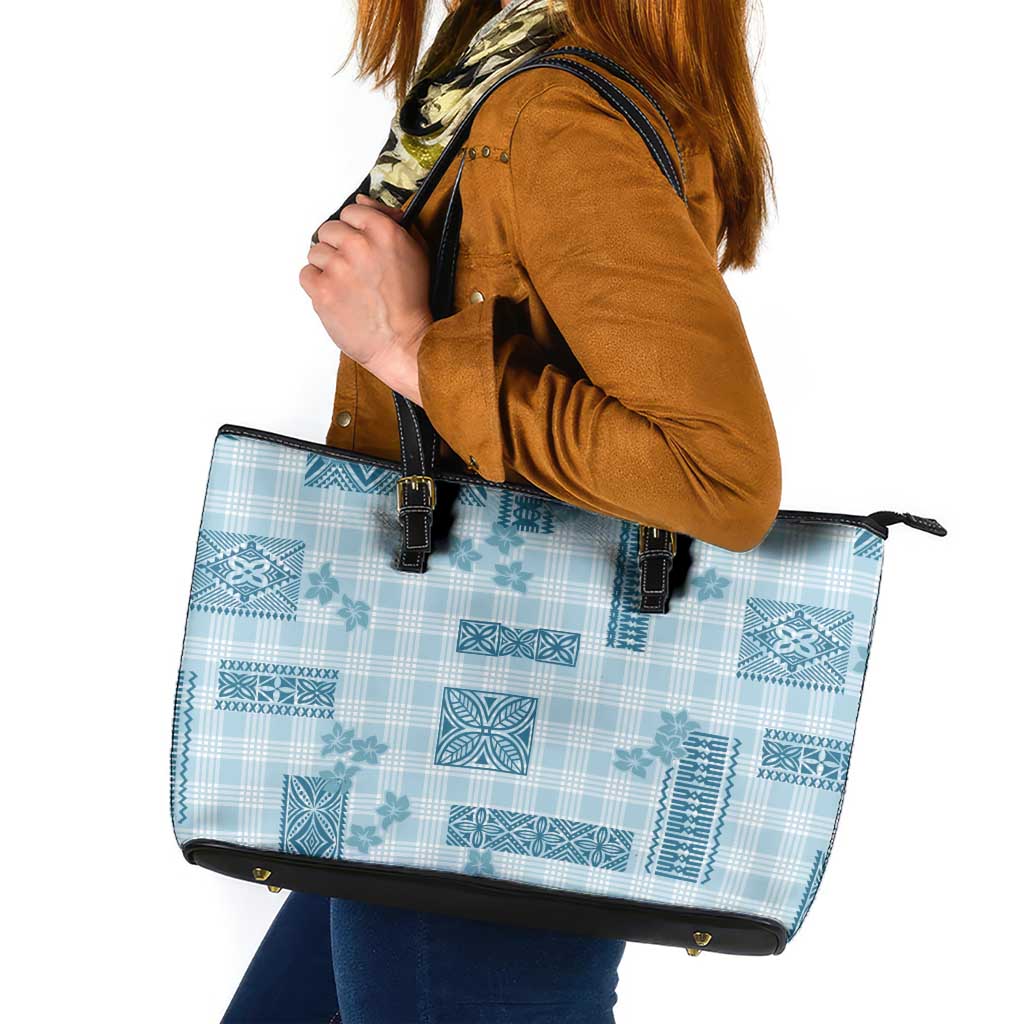 Hawaiian Quilt Tapa On Cold Blue Palaka Motifs Leather Tote Bag LT7 Azure - Polynesian Pride