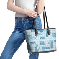 Hawaiian Quilt Tapa On Cold Blue Palaka Motifs Leather Tote Bag