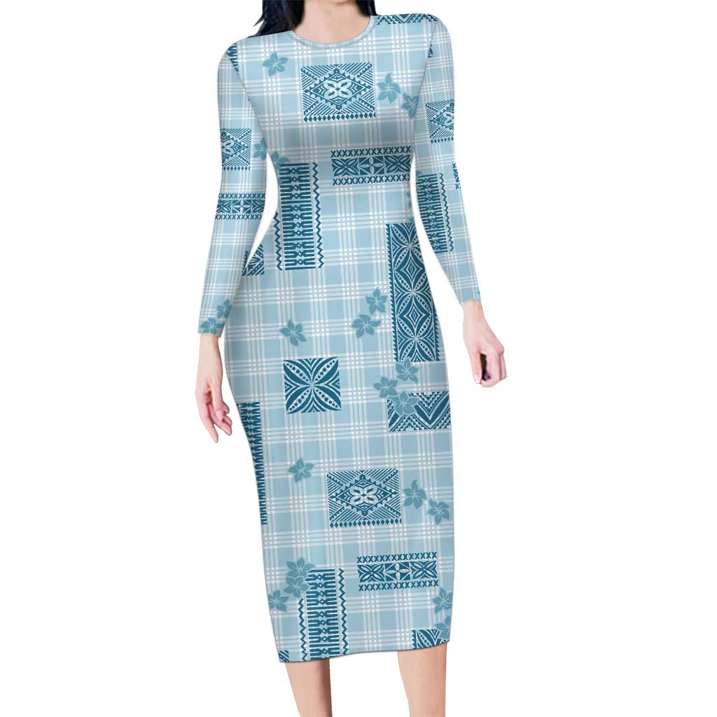 Hawaiian Quilt Tapa On Cold Blue Palaka Motifs Long Sleeve Bodycon Dress LT7 Long Dress Azure - Polynesian Pride