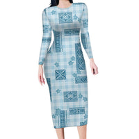 Hawaiian Quilt Tapa On Cold Blue Palaka Motifs Long Sleeve Bodycon Dress LT7 Long Dress Azure - Polynesian Pride