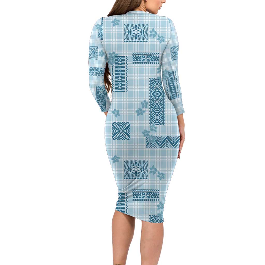 Hawaiian Quilt Tapa On Cold Blue Palaka Motifs Long Sleeve Bodycon Dress LT7 - Polynesian Pride