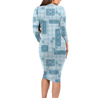 Hawaiian Quilt Tapa On Cold Blue Palaka Motifs Long Sleeve Bodycon Dress LT7 - Polynesian Pride