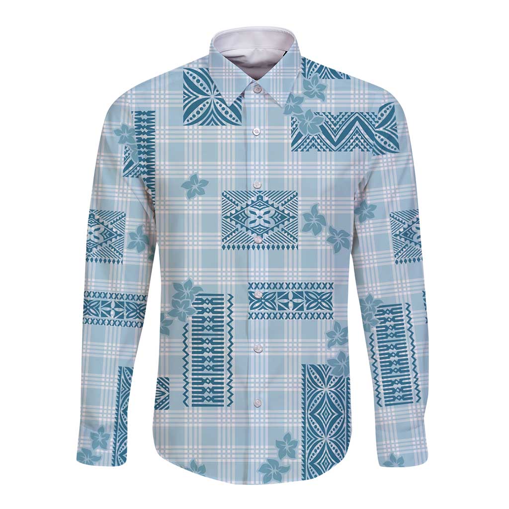 Hawaiian Quilt Tapa On Cold Blue Palaka Motifs Long Sleeve Button Shirt LT7 Unisex Azure - Polynesian Pride