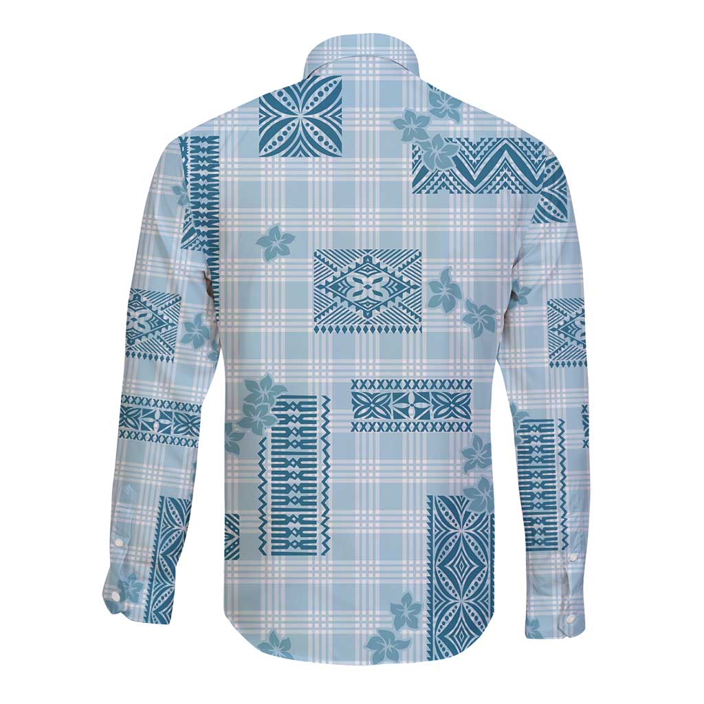 Hawaiian Quilt Tapa On Cold Blue Palaka Motifs Long Sleeve Button Shirt LT7 - Polynesian Pride