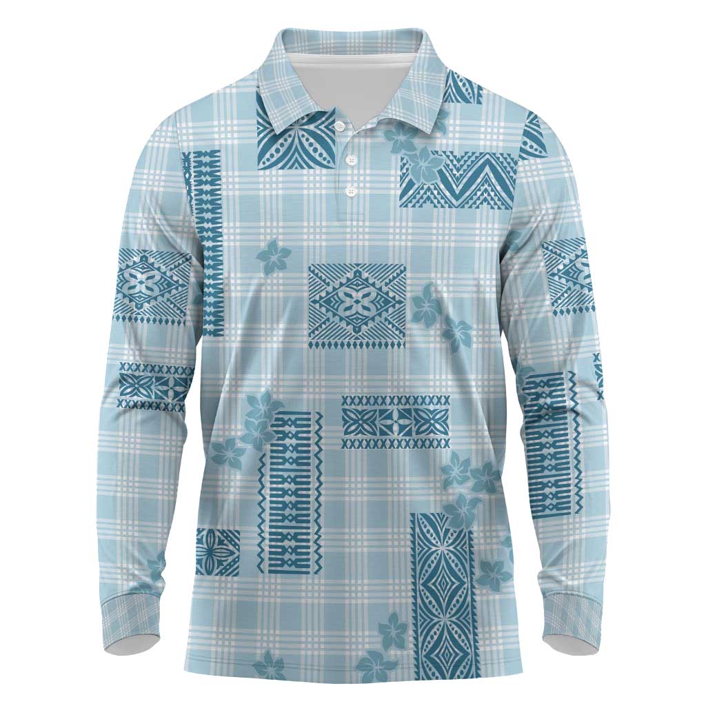 Hawaiian Quilt Tapa On Cold Blue Palaka Motifs Long Sleeve Polo Shirt LT7 Azure - Polynesian Pride