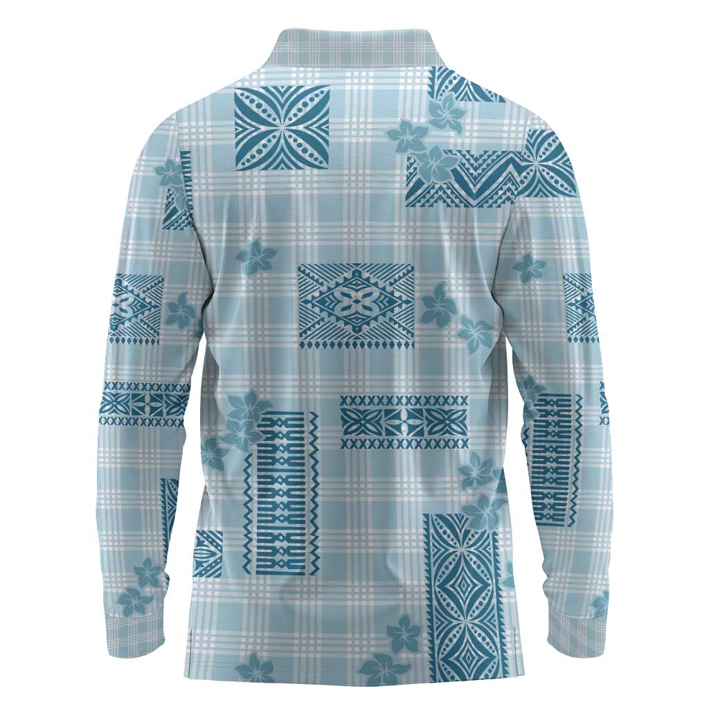 Hawaiian Quilt Tapa On Cold Blue Palaka Motifs Long Sleeve Polo Shirt LT7 - Polynesian Pride