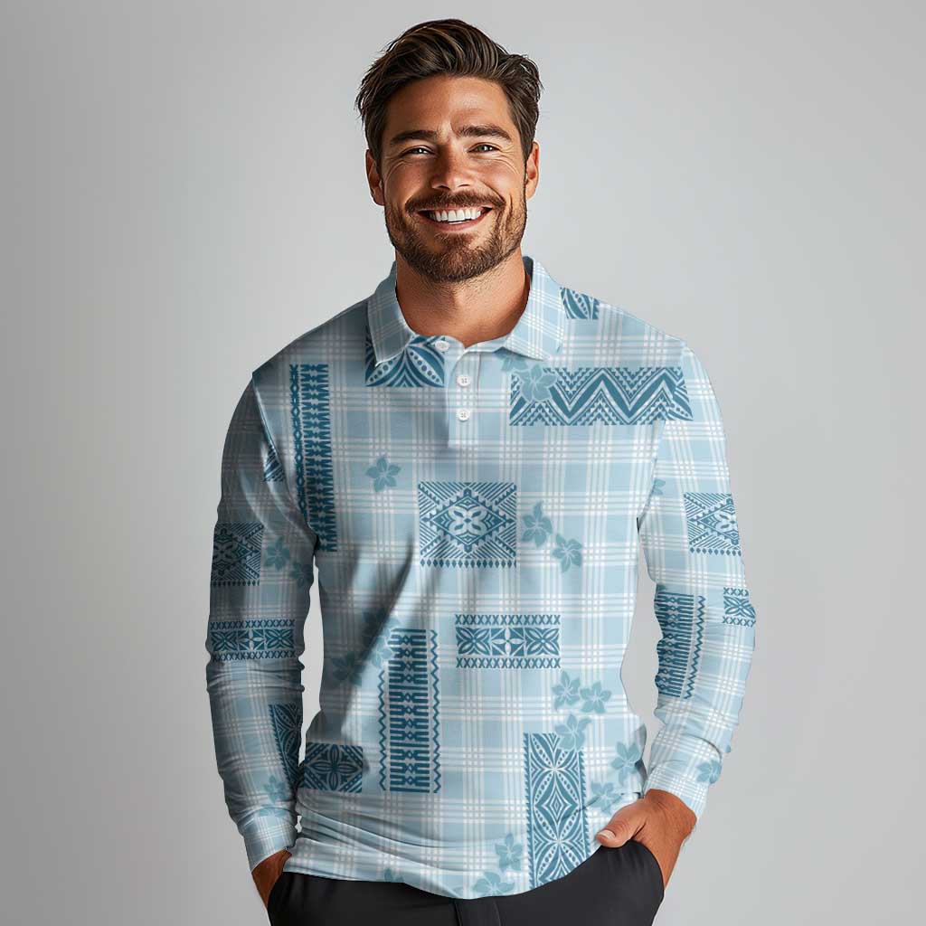 Hawaiian Quilt Tapa On Cold Blue Palaka Motifs Long Sleeve Polo Shirt LT7 - Polynesian Pride