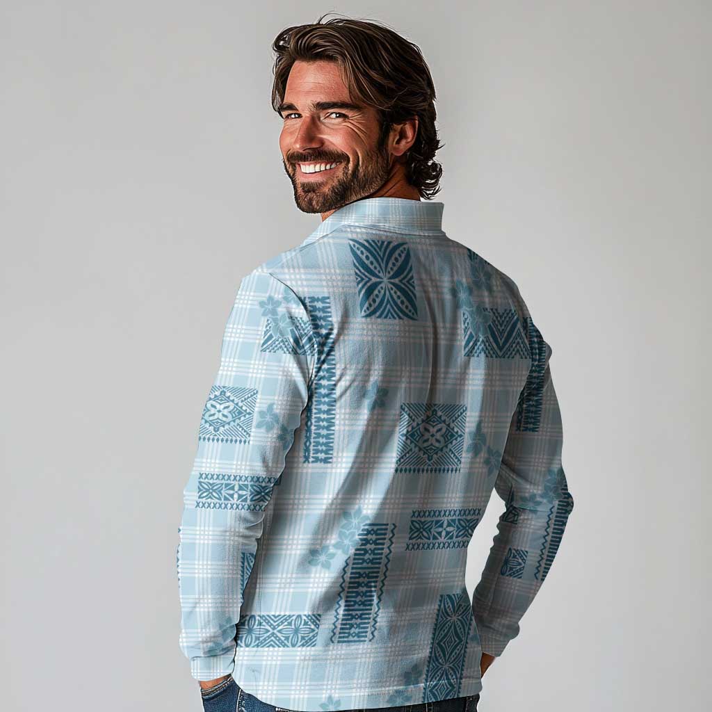 Hawaiian Quilt Tapa On Cold Blue Palaka Motifs Long Sleeve Polo Shirt LT7 - Polynesian Pride
