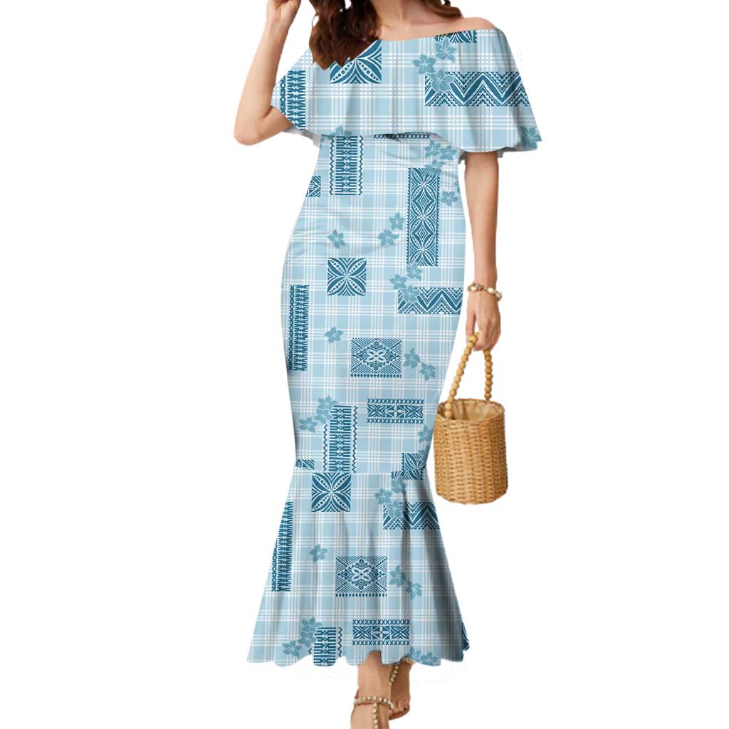 Hawaiian Quilt Tapa On Cold Blue Palaka Motifs Mermaid Dress LT7 Women Azure - Polynesian Pride