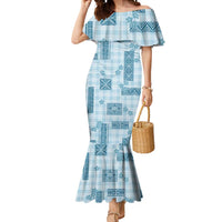 Hawaiian Quilt Tapa On Cold Blue Palaka Motifs Mermaid Dress LT7 Women Azure - Polynesian Pride
