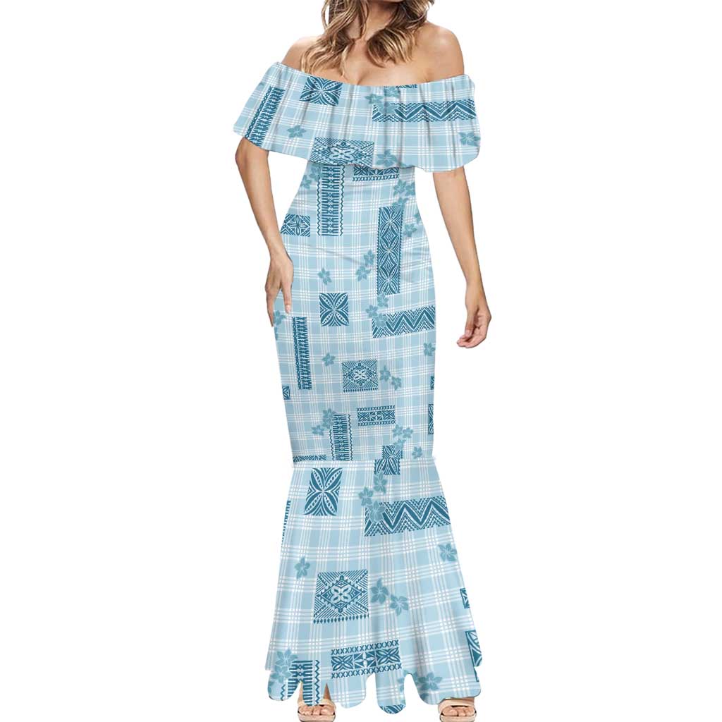 Hawaiian Quilt Tapa On Cold Blue Palaka Motifs Mermaid Dress LT7 - Polynesian Pride