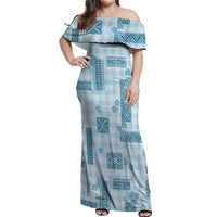 Hawaiian Quilt Tapa On Cold Blue Palaka Motifs Off Shoulder Maxi Dress LT7 Women Azure - Polynesian Pride