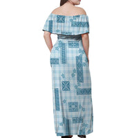 Hawaiian Quilt Tapa On Cold Blue Palaka Motifs Off Shoulder Maxi Dress LT7 - Polynesian Pride