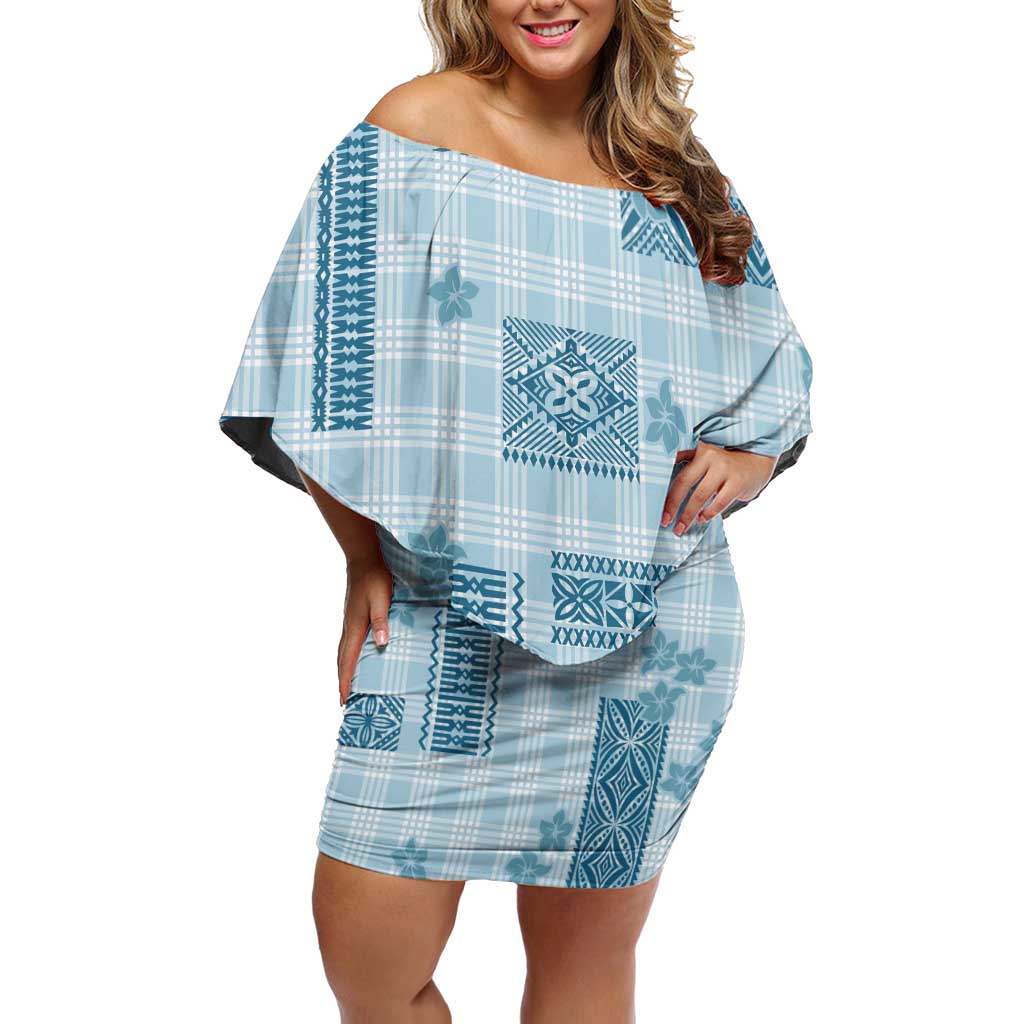 Hawaiian Quilt Tapa On Cold Blue Palaka Motifs Off Shoulder Short Dress LT7 Women Azure - Polynesian Pride