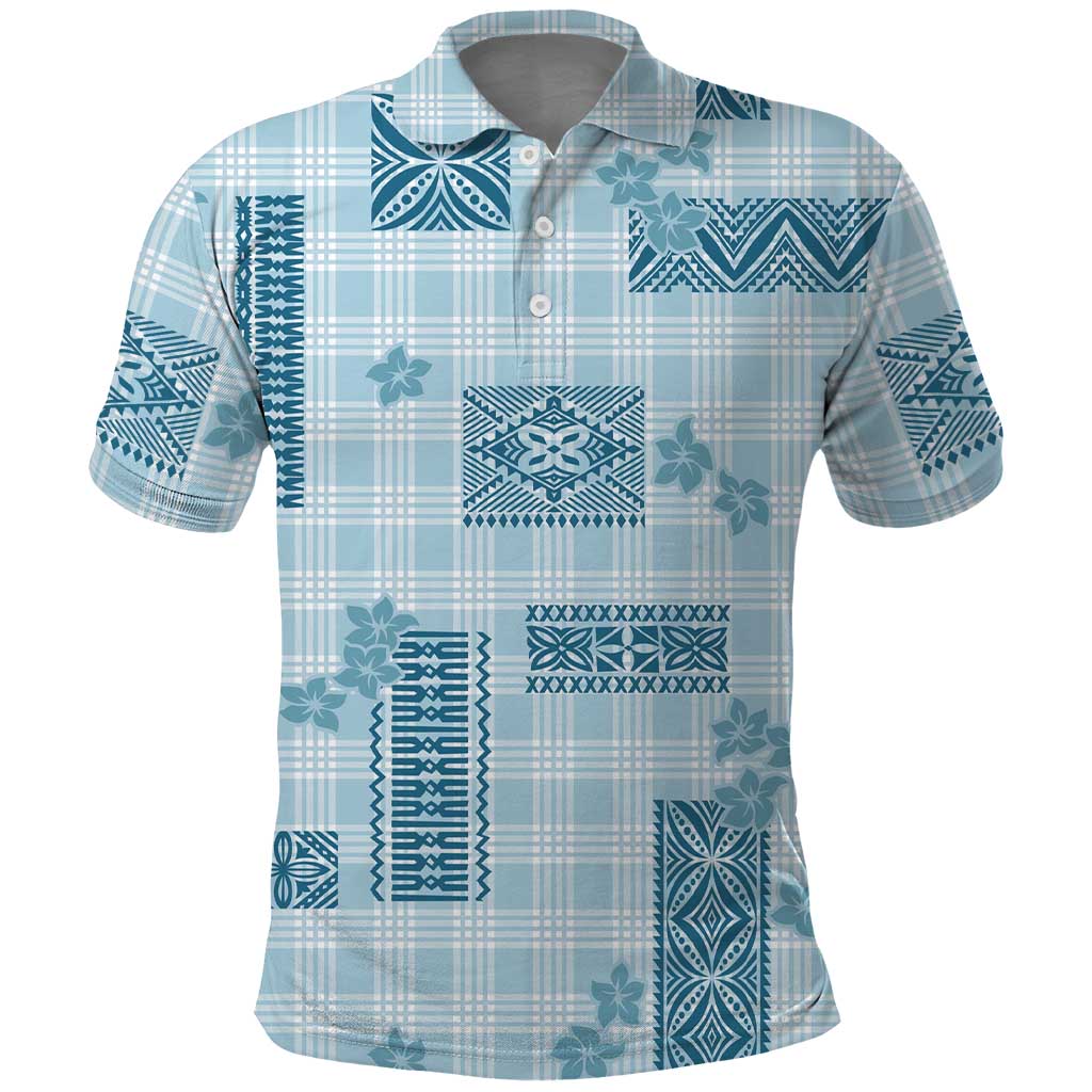Hawaiian Quilt Tapa On Cold Blue Palaka Motifs Polo Shirt LT7 Azure - Polynesian Pride