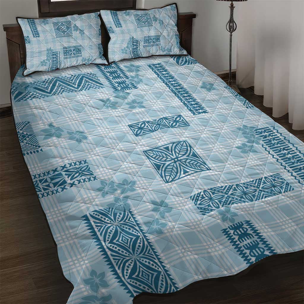 Hawaiian Quilt Tapa On Cold Blue Palaka Motifs Quilt Bed Set LT7 Azure - Polynesian Pride