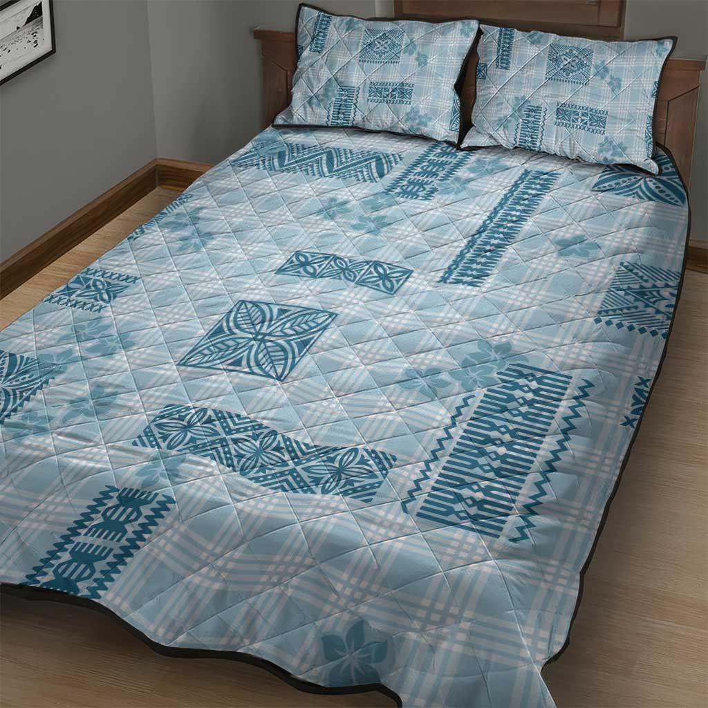 Hawaiian Quilt Tapa On Cold Blue Palaka Motifs Quilt Bed Set LT7 - Polynesian Pride
