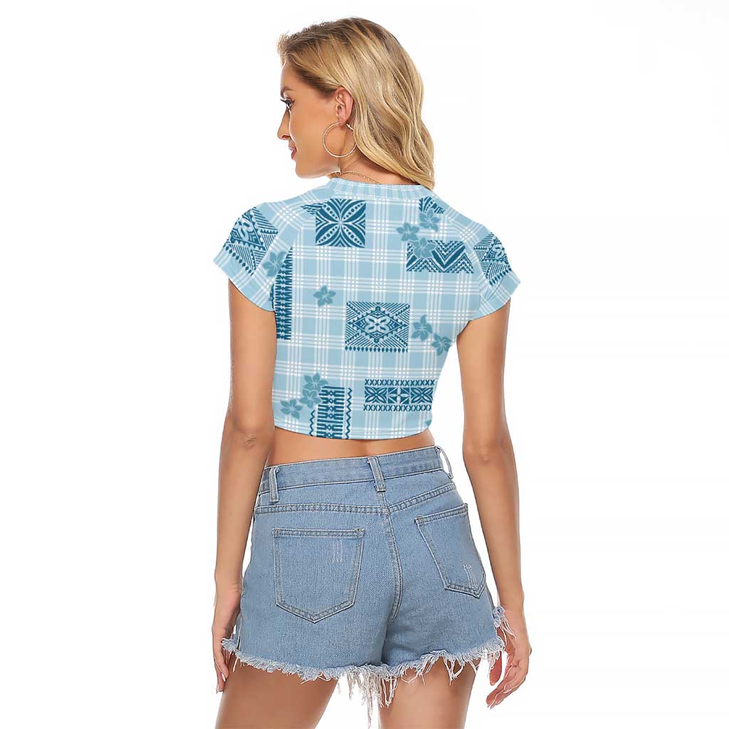 Hawaiian Quilt Tapa On Cold Blue Palaka Motifs Raglan Cropped T Shirt LT7 - Polynesian Pride