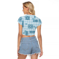 Hawaiian Quilt Tapa On Cold Blue Palaka Motifs Raglan Cropped T Shirt LT7 - Polynesian Pride