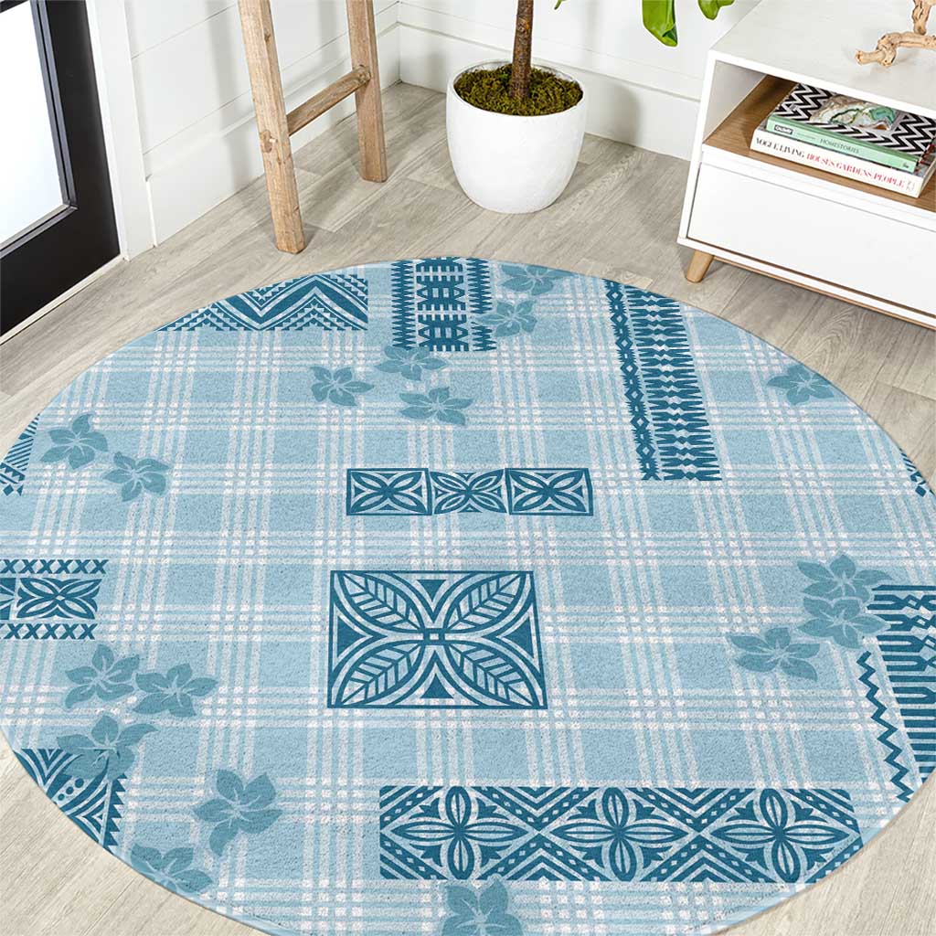 Hawaiian Quilt Tapa On Cold Blue Palaka Motifs Round Carpet LT7 Azure - Polynesian Pride
