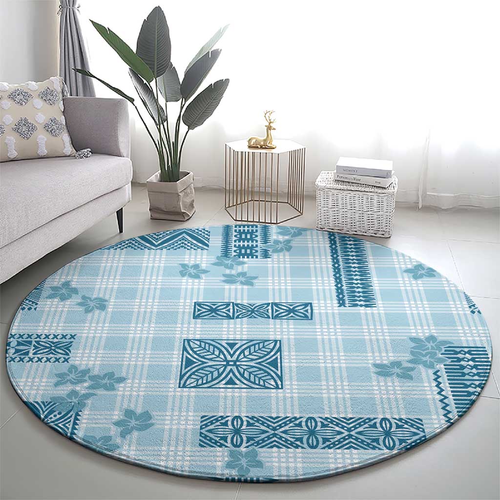 Hawaiian Quilt Tapa On Cold Blue Palaka Motifs Round Carpet LT7 - Polynesian Pride
