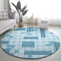 Hawaiian Quilt Tapa On Cold Blue Palaka Motifs Round Carpet LT7 - Polynesian Pride