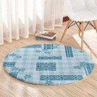 Hawaiian Quilt Tapa On Cold Blue Palaka Motifs Round Carpet LT7 - Polynesian Pride