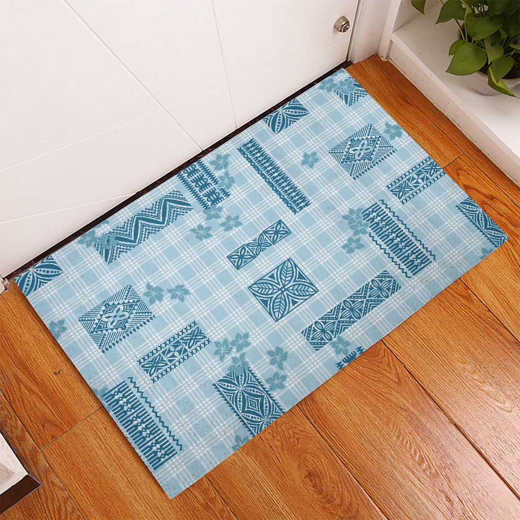 Hawaiian Quilt Tapa On Cold Blue Palaka Motifs Rubber Doormat LT7 - Polynesian Pride