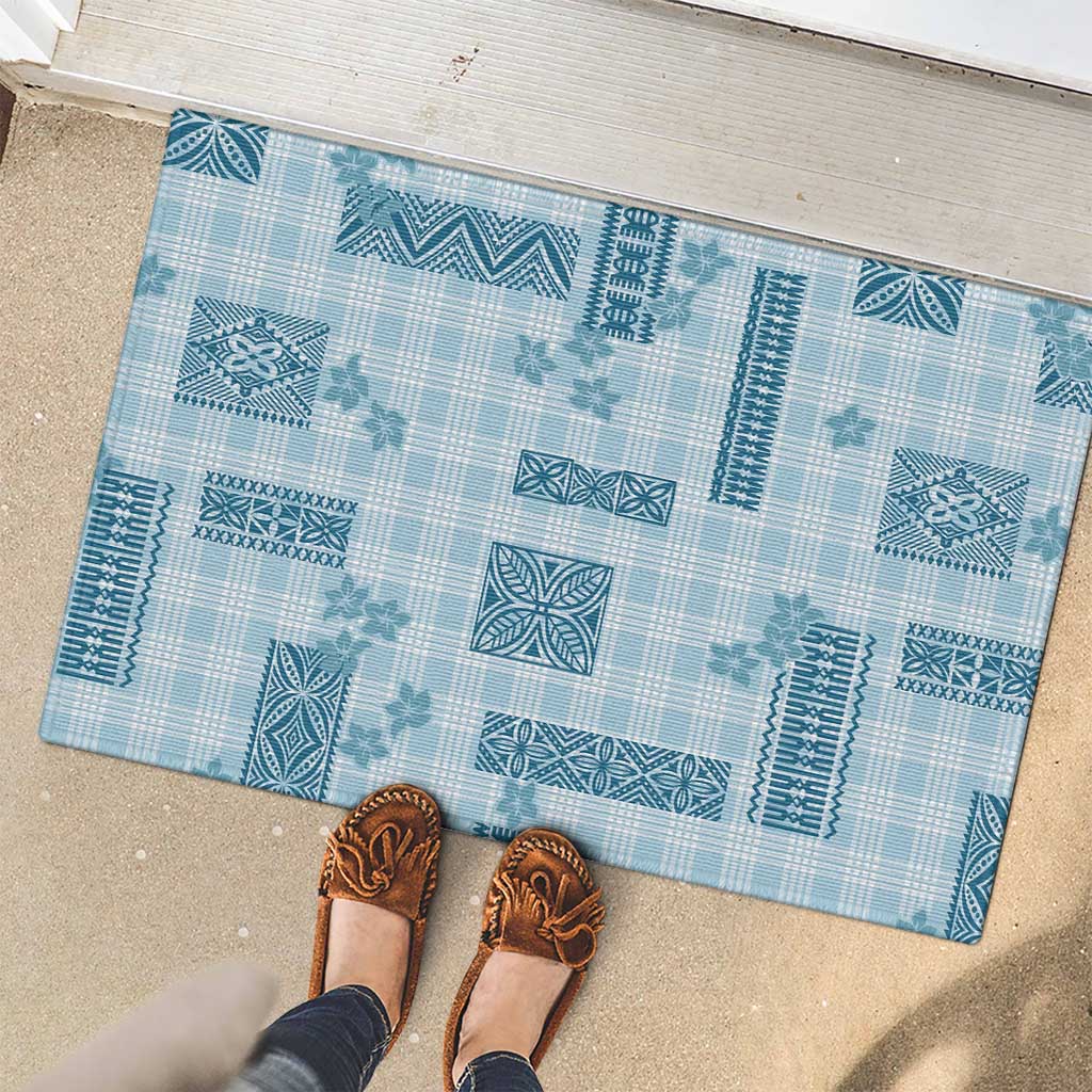 Hawaiian Quilt Tapa On Cold Blue Palaka Motifs Rubber Doormat LT7 - Polynesian Pride