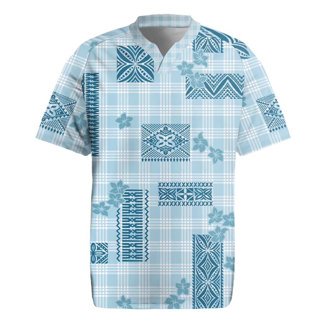 Hawaiian Quilt Tapa On Cold Blue Palaka Motifs Rugby Jersey LT7 Azure - Polynesian Pride