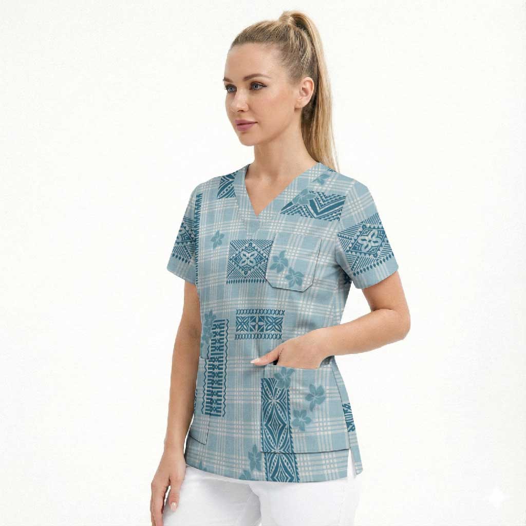 Hawaiian Quilt Tapa On Cold Blue Palaka Motifs Scrub Top